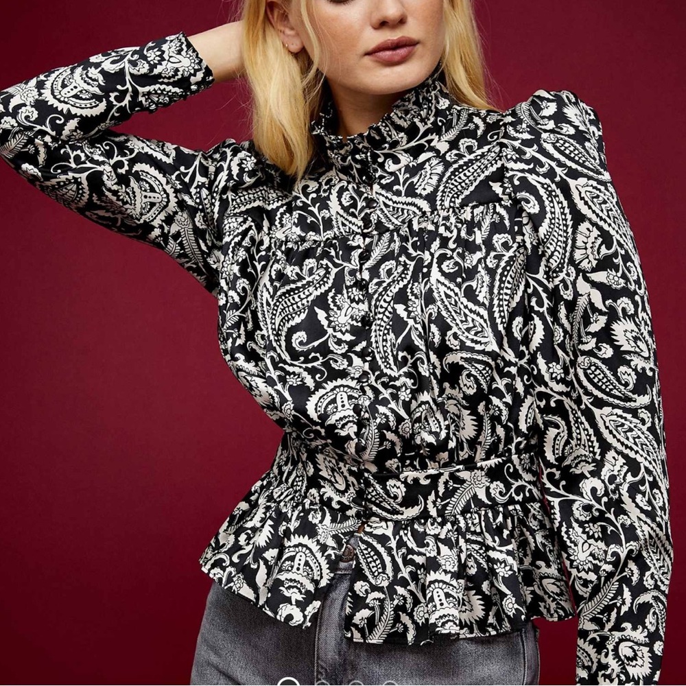 Monochrome Topshop paisley high neck blouse / size 12